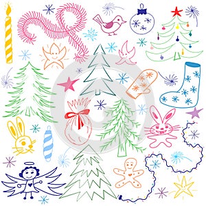 Colorful Hand Drawn Funny Doodle Christmas Symbols Set. Children Drawings of Fir Trees, Gift, Candle, Toys, Angel Stars