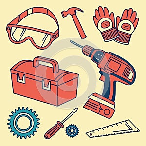 Collection of hand drawn construction and diy tools