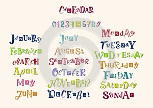 Colorful hand drawn lettering set of months of the year, days of the week and numbers with shadows