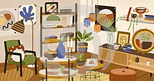 Colorful hand drawn modern interior vector illustration. Cosiness furnishing living room decorated by hygge design