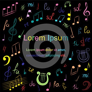 Colorful Hand Drawn Music Symbols on Black. Colorful Doodle Treble Clef, Bass Clef, Notes and Lyre. Sketch Style.