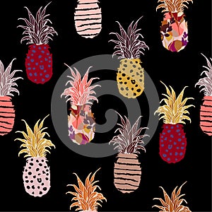 Colorful hand drawn pineapple fill-on with hand sketch line pat