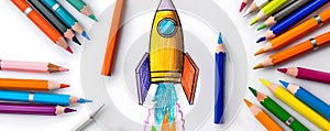 Colorful hand-drawn rocket illustration among pencils on white background. Creativity in education concept. Perfect for