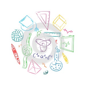 Colorful Hand Drawn School Symbols. Children Drawings of Ball, Books,Pencils, Rulers, Flask, Compass, Arrows Arranged in a Circle.