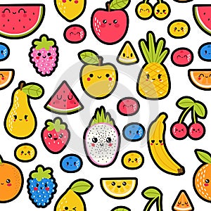 Colorful hand drawn seamless pattern with summer tropical fruit and berries. Cute background for your design. Kawaii style.