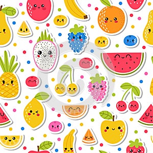 Colorful hand drawn seamless pattern with tropical summer fruit and berries. Cute stickers for your design. Kawaii style. Healthy
