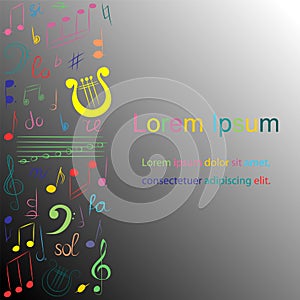 Colorful Hand Drawn Set of Music Symbols on Monochrome background. Doodle Treble Clef, Bass Clef, Notes and Lyre.