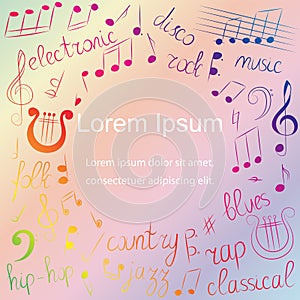 Colorful Hand Drawn Set of Music Symbols and Styles. Doodle Treble Clef, Bass Clef, Notes and Lyre on Pastel Colored Background