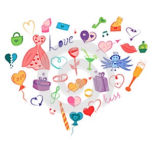 Colorful Hand Drawn Set of Valentine`s Day Symbols. Children`s Funny Doodle Drawings of Hearts, Gifts, Rings, Balloons