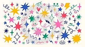 Colorful hand drawn stars and sparks