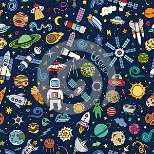 Colorful hand drawn vector doodle seamless pattern of Space symbols and objects