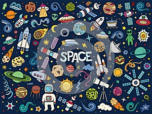 Colorful hand drawn vector doodle set of Space symbols and objects