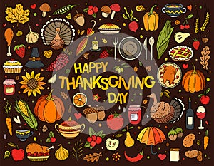 Colorful hand drawn vector doodle set of Thanksgiving