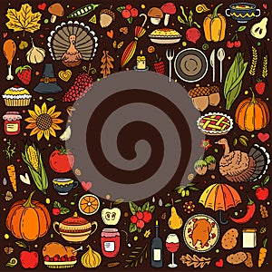 Colorful hand drawn vector doodle set of Thanksgiving