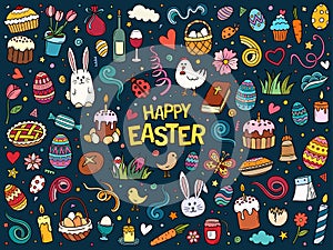 Colorful hand drawn vector doodle set of traditional Easter items