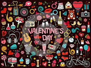 Colorful hand drawn vector doodle set of Valentine`s Day