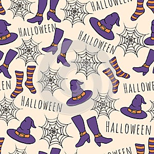 Colorful hand drawn vector halloween seamless pattern. Includes witches hat, stockings, shoes and spider webs.