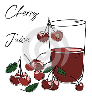 Colorful hand-drawn vector illustration of cherry juice in glass with fresh ripe cherries, isolated on white background