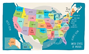 Colorful hand drawn vector map of the USA