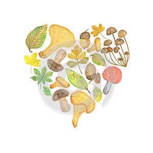 Colorful hand drawn watercolor autumn leaves,mushrooms and acorns in the heart shape, seasonal watercolor illustration, symbol of