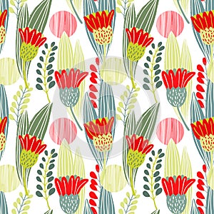 Colorful hand drawn wild flowers and circle seamless pattern