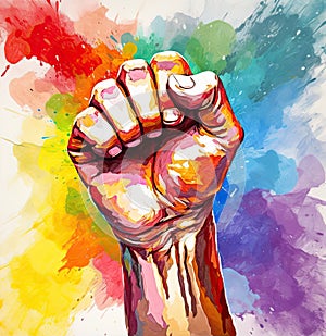 a colorful hand with a fist raised