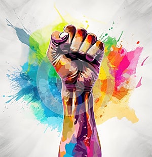 a colorful hand with a fist raised