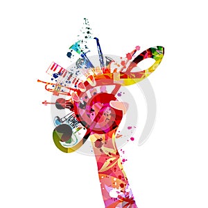 Colorful hand holding G-clef with musical instruments vector illustration