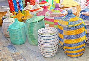 Colorful hand made baskets, Majorca market, Spain