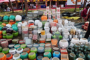 Colorful hand-made ceramic flower pots shop at Hunar Haat 2021, Rampur,