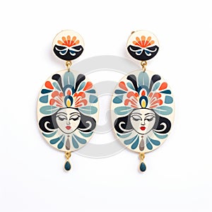 Colorful Hand Painted Earrings On Gold Frame - Folkloric Style photo