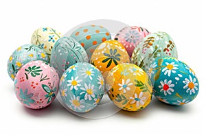 Colorful Hand-Painted Easter Eggs Arranged Neatly on a White Background