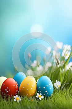 Colorful hand painted Easter eggs on the grass