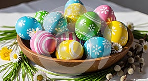 Colorful Hand-Painted Easter Eggs with Spring Decorations