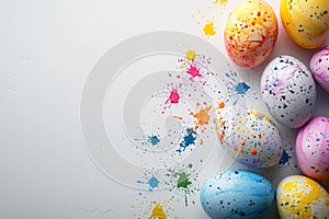 Colorful Hand-Painted Easter Eggs With Vibrant Splashes on a white background with copy space