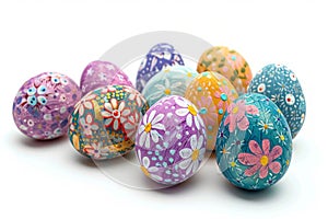Colorful hand-painted easter eggs on white background