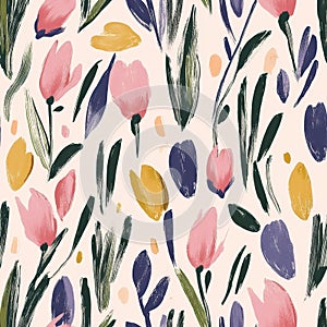 Colorful Hand-Painted Floral Pattern with Tulips and Leaves on Light Background.