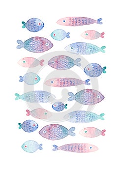 Colorful hand painted greeting card with watercolor fishes.