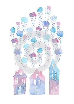 Colorful hand painted greeting card with watercolor houses and rainy clouds above them.