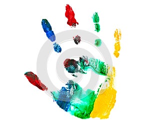 Colorful hand print of a child isolated on white background. Watercolor paints. Children paint traces from hands and fingers.