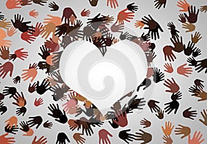 Colorful hand prints in heart shape representing diversity