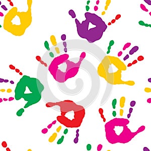 Colorful hand prints on white background