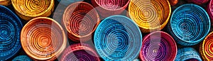 Colorful hand-woven baskets and bowls in vibrant shades of red, orange, yellow, blue, and purple