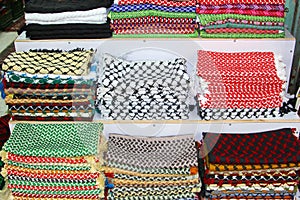 Colorful hand woven shawls Yehuda market, Jerusalem
