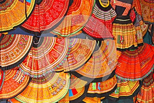 Colorful hand woven textiles market shop, Vietnam photo