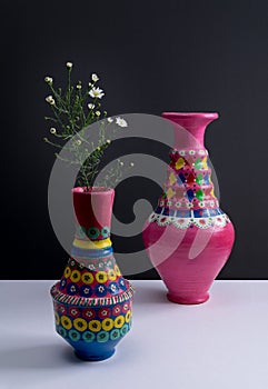 Colorful handcrafted pottery vases and small flowers with harsh shadow