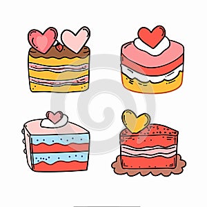 Colorful handdrawn cakes topped hearts, perfect Valentines Day romantic celebrations. Four