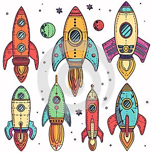 Colorful handdrawn rockets space exploration cartoon style design. Bright retro spacecraft doodle