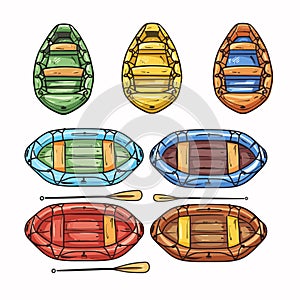 Colorful handdrawn rowboats paddles, top view, water sports, leisure activities. Various colored photo