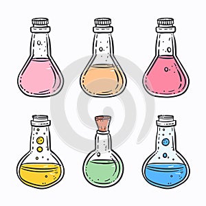 Colorful handdrawn science flasks containing vibrant liquids, suggesting chemistry research photo